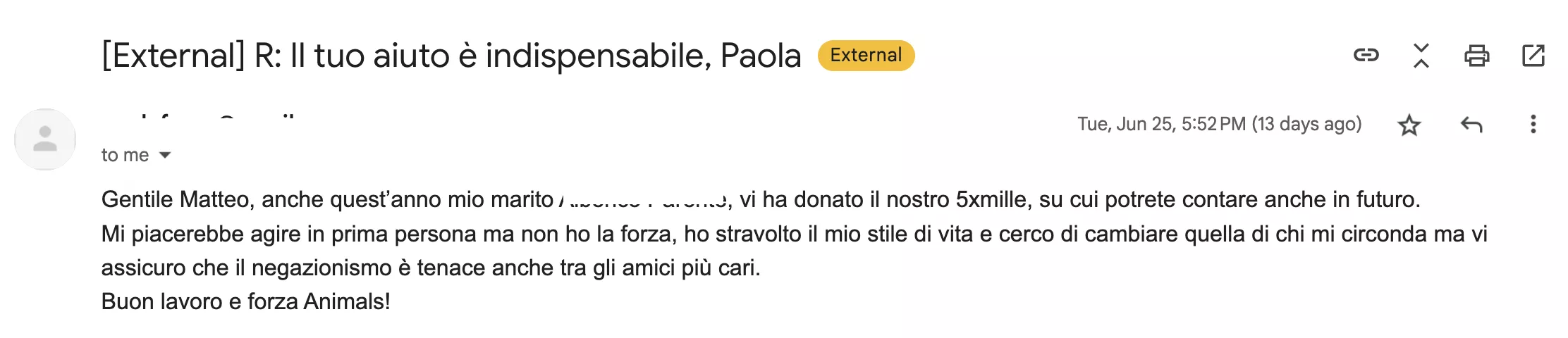 Feedback Testimonial donazione raddoppiata